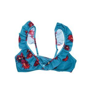 Volcom "Good to Grow" V Neck Ruffle Bikini Top in Stormy Blue Poppy